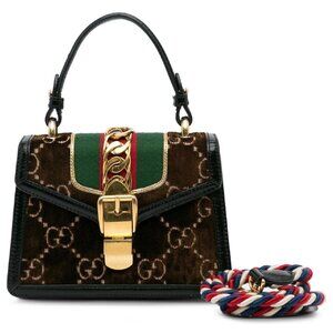 Pre-owned Gucci Velvet GG Monogram Web Mini Sylvie Top Handle Bag Brown Black
